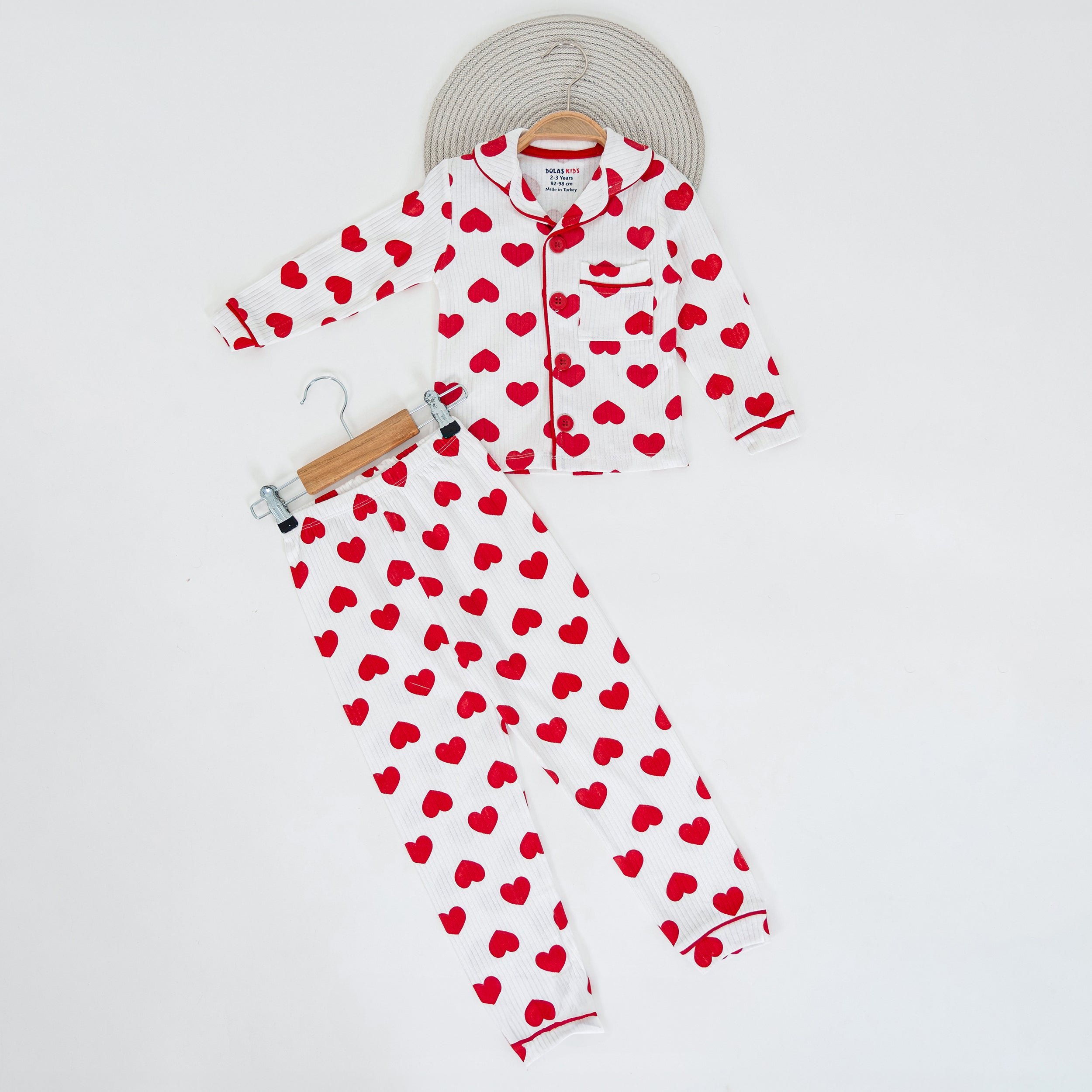 Kalp Desenli Düğmeli Kız Çocuk Pijama Takımı