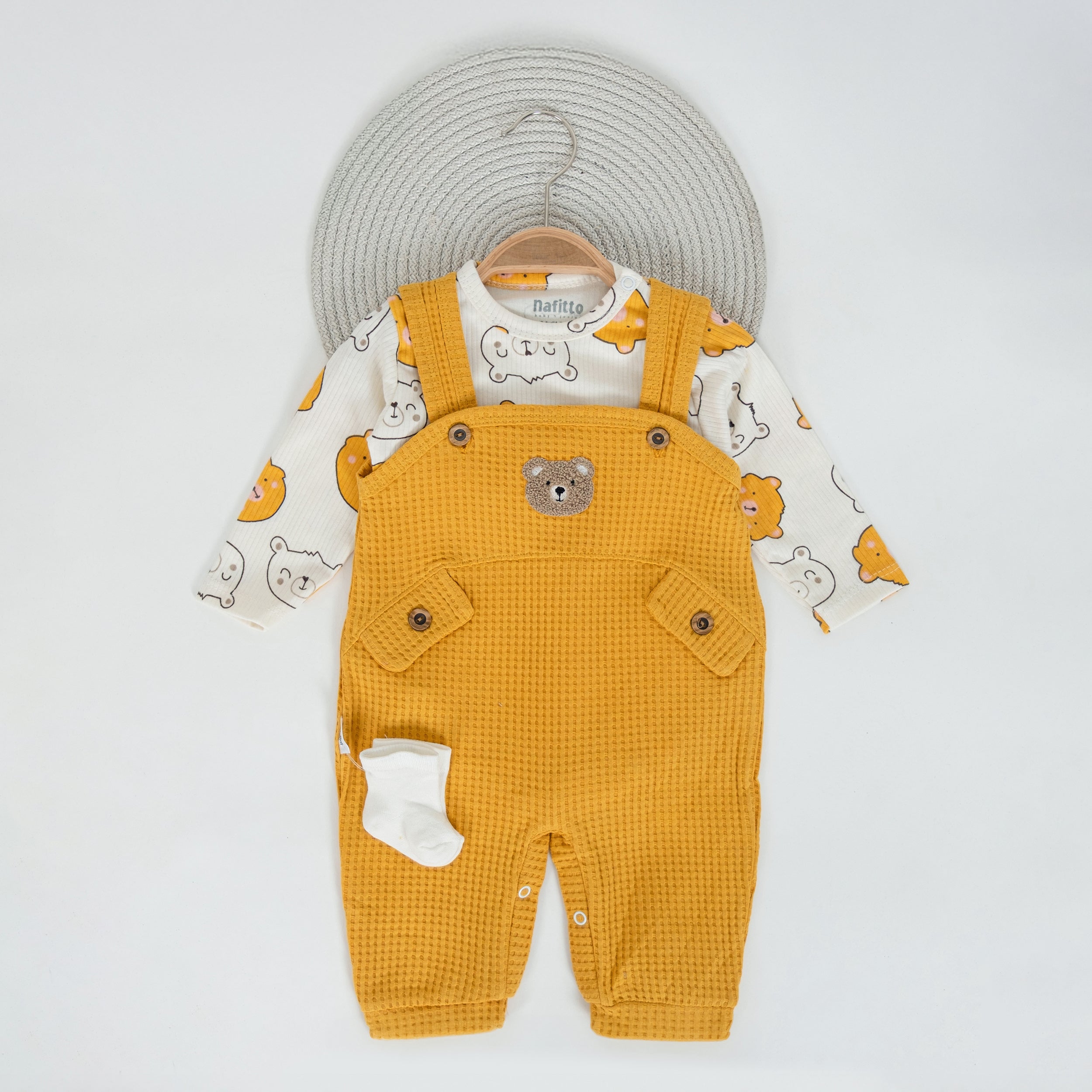 Peluş Ayıcık Aplikeli Erkek Bebek Salopet Tulum Takımı