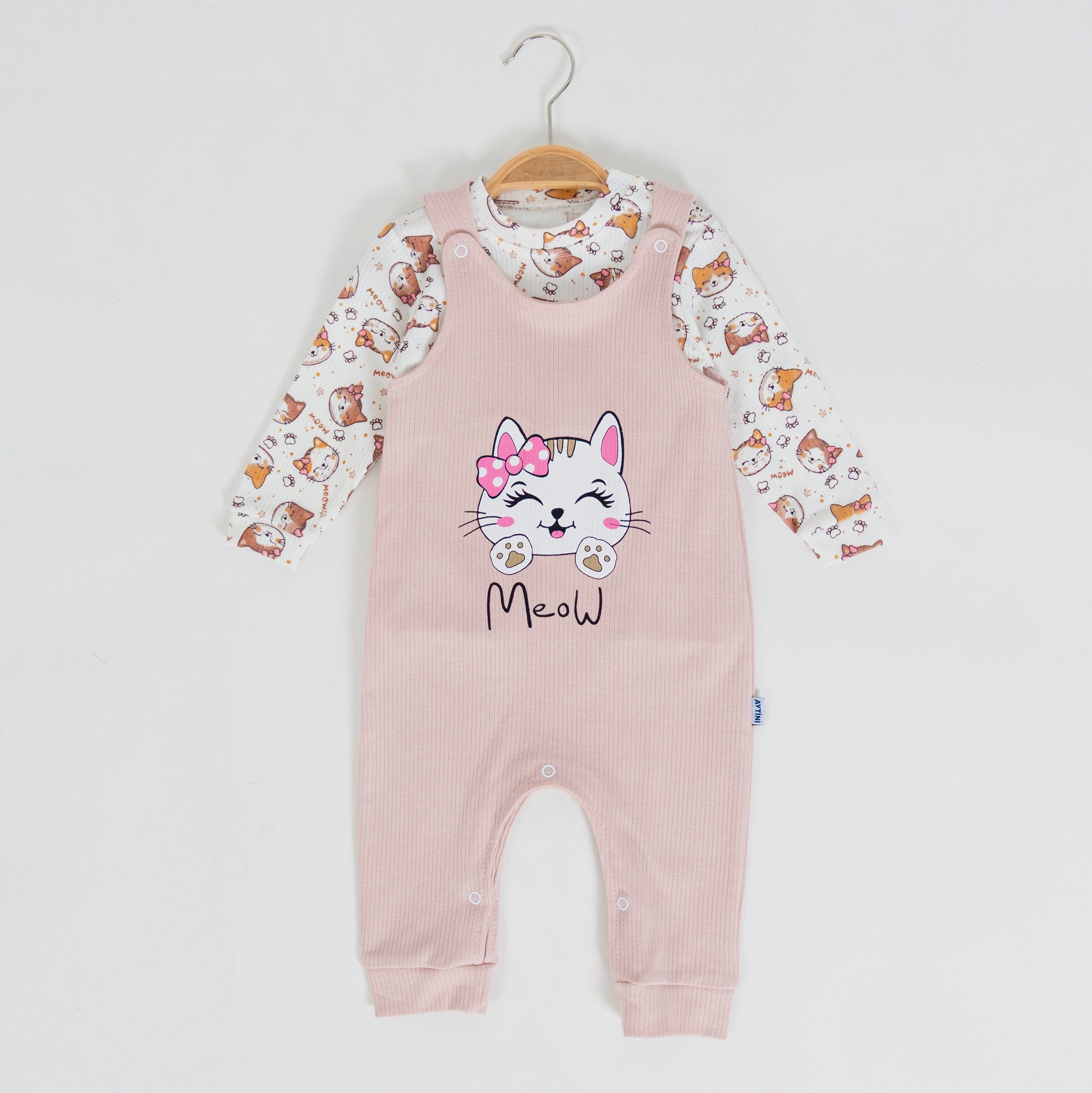 Meow Kedi Baskılı Askılı Kız Bebek Tulum Takımı