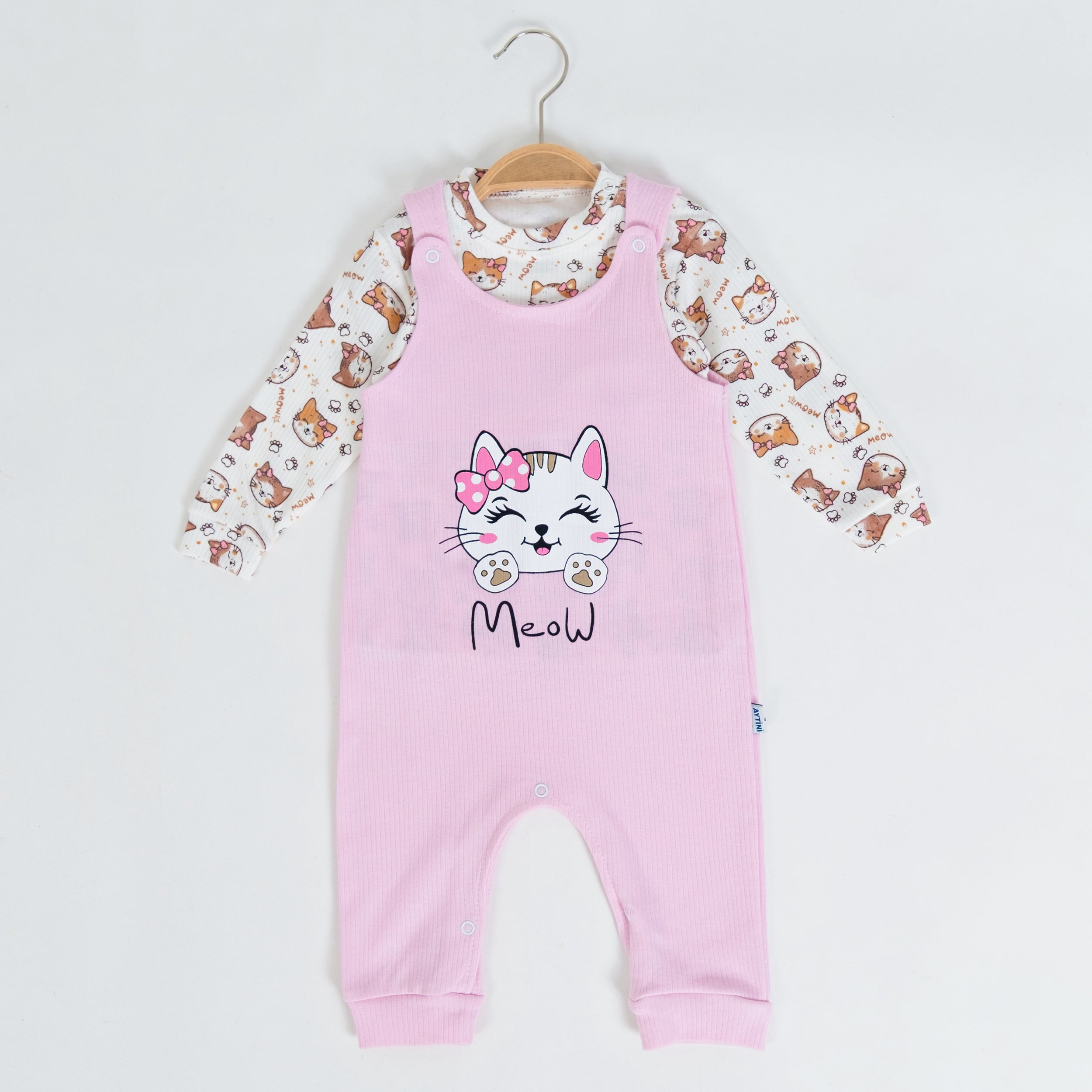 Meow Kedi Baskılı Askılı Kız Bebek Tulum Takımı