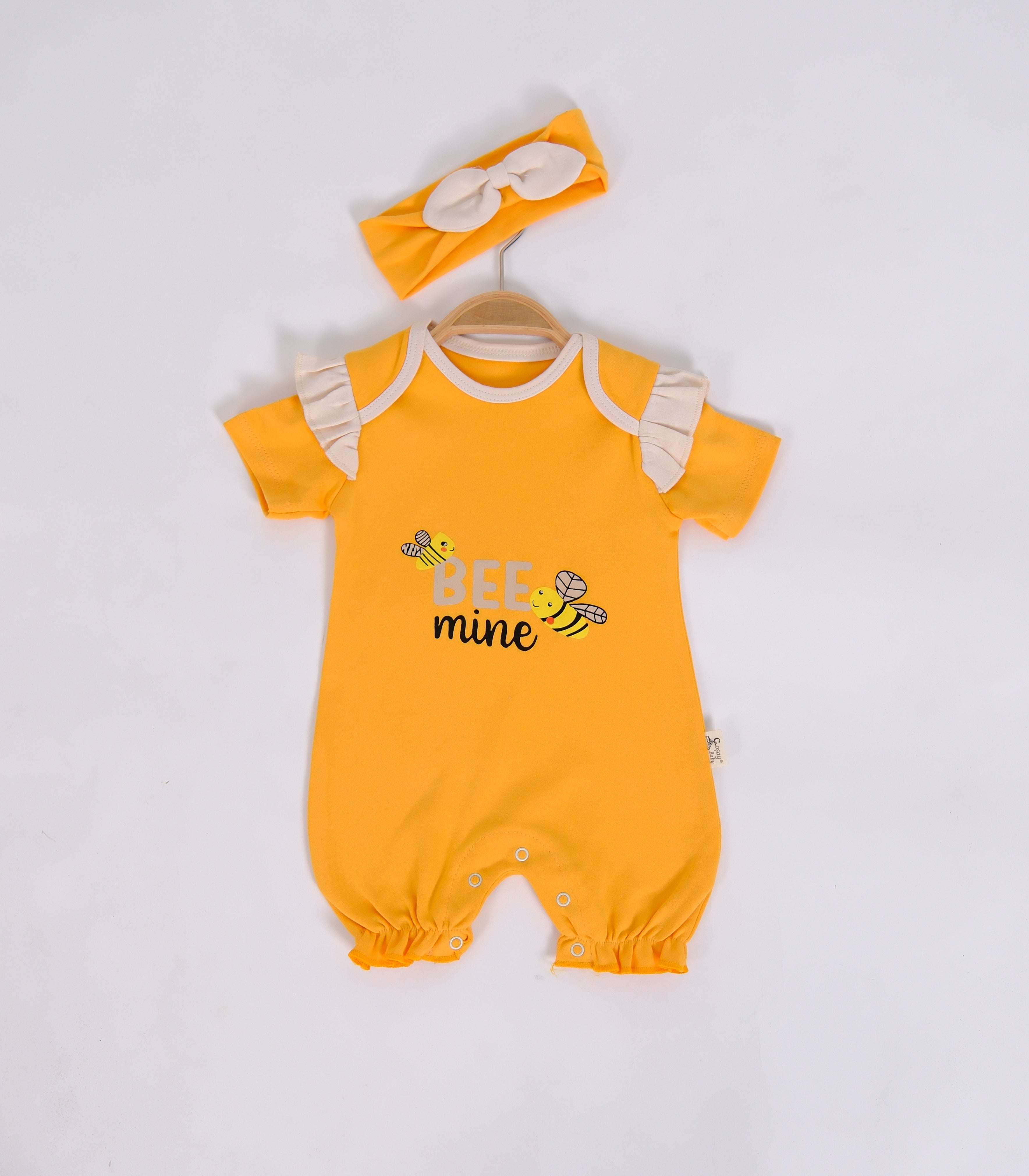 Arı Baskılı Saç Bandanalı Kız Bebek Tulum